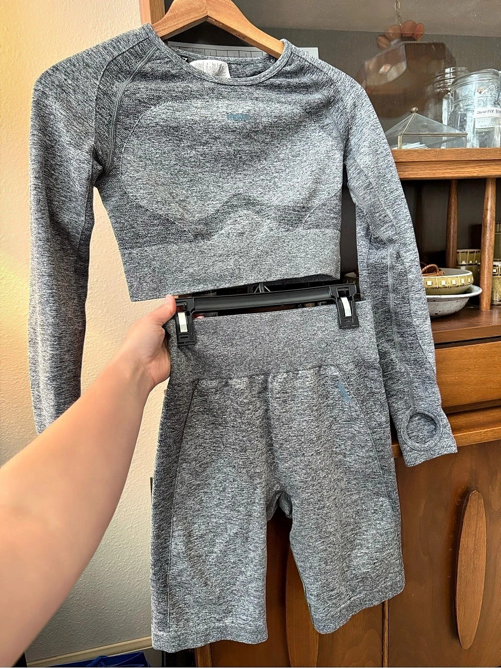 Gymshark Flex Long Sleeve Crop Top and Shorts Set Gray Medium